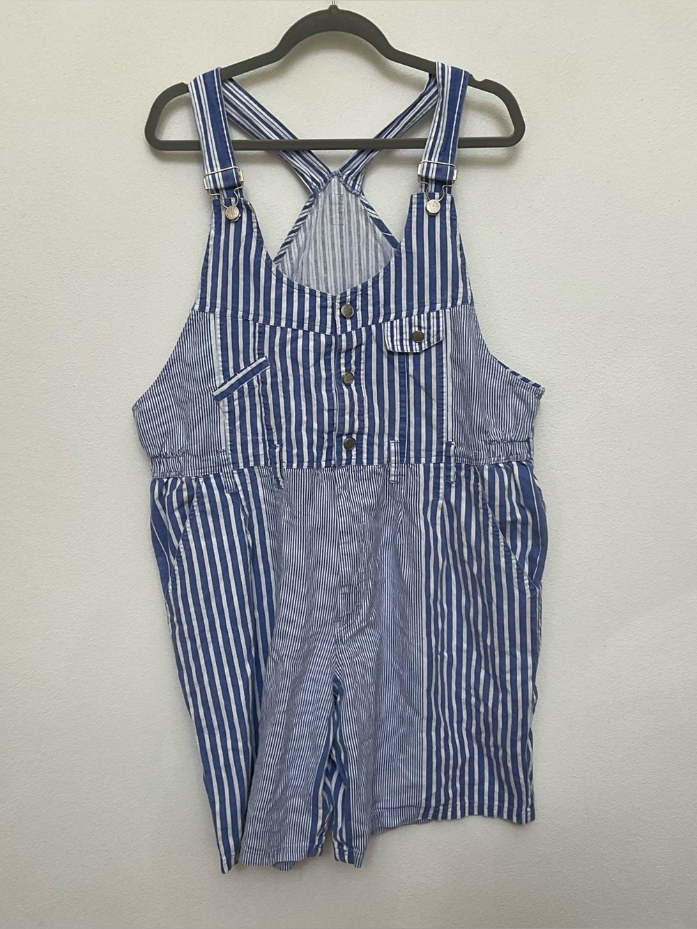 Gitano Vintage Blue, White Striped Denim Short Overalls Size 32/14W Pockets